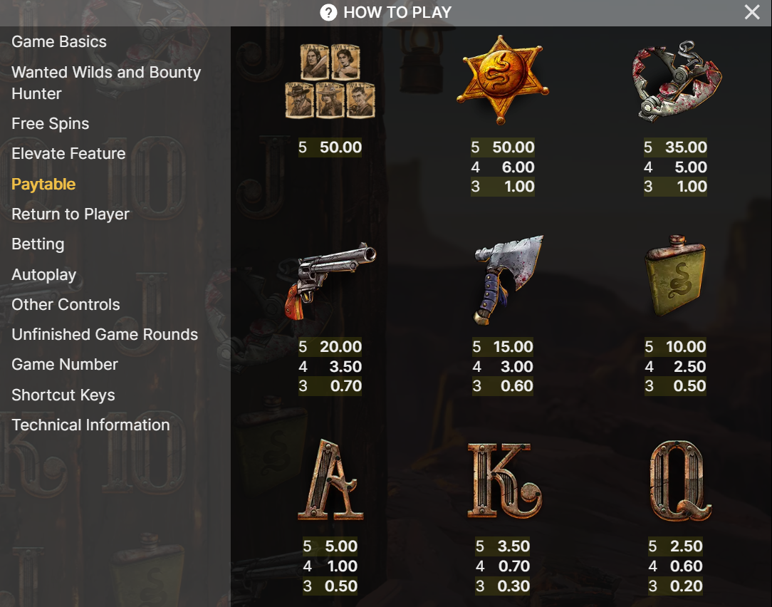 Auszahlungstabelle Dead or Alive 3: Wanted